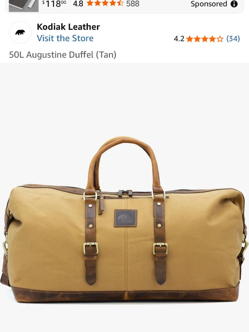 Kodiak Tan Canvas Duffel with Brown Leather Trim